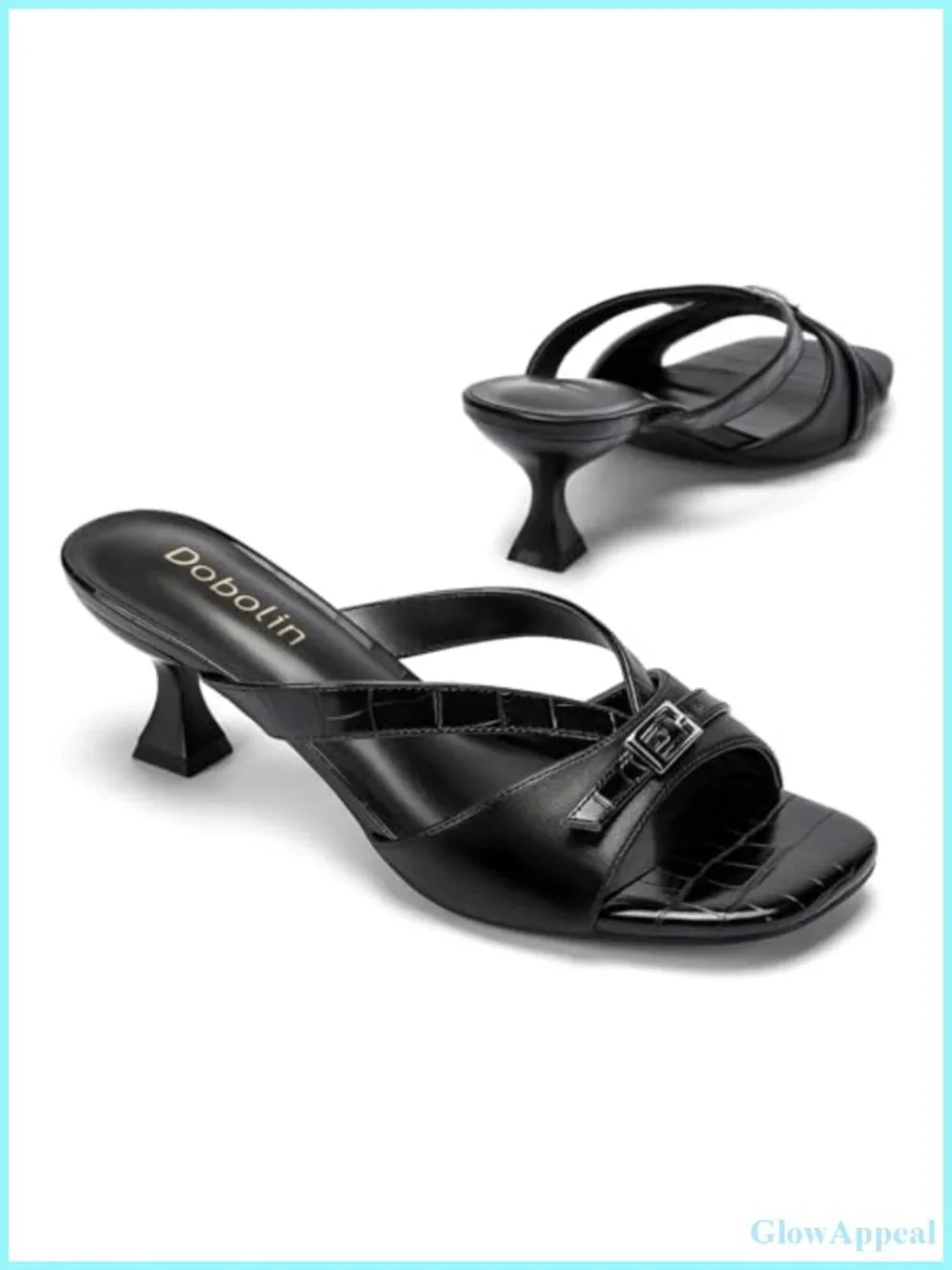 Kitten Heel Sandals for Women Slip-On Mule Open Toe Square Toe Faux Leather 2.2